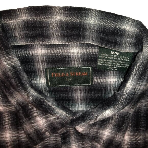 BLACK GRAY PLAID FLANNEL SHIRT SZ M FIELD & STREAM GRUNGE HUNTING FISHING MENS - Picture 2 of 4